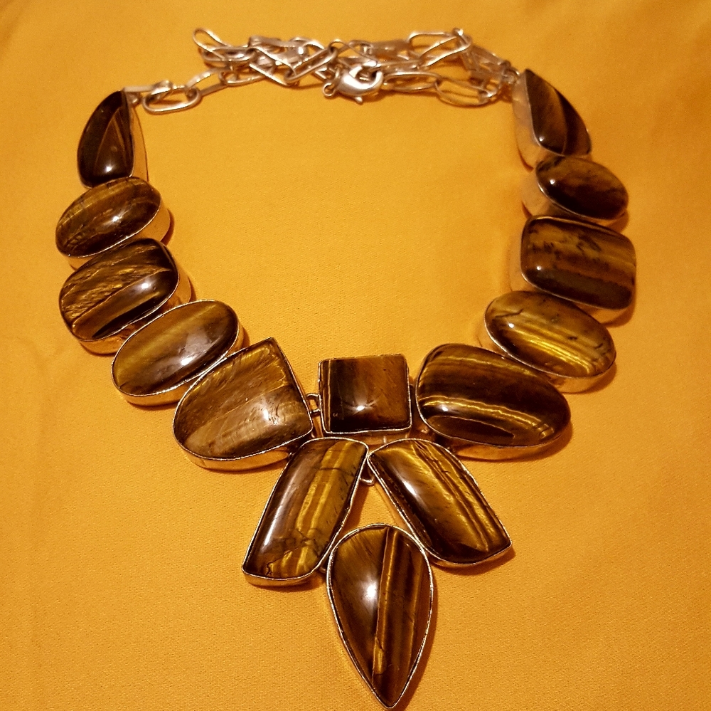 Statement Tiger Eye Agate Silver Necklace